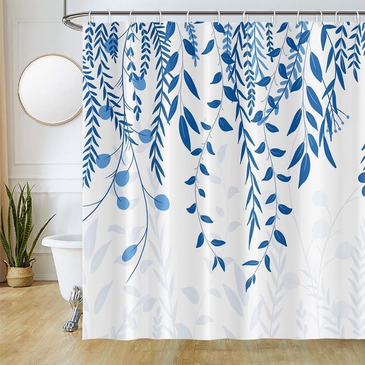 SnelShoppen - Douchegordijn Blauw Marine met Eucalyptus Bladeren, Anti-Mould Waterdicht Polyester, Wasbaar, 180x200cm, Inclusief 12 Haken voor Badkame