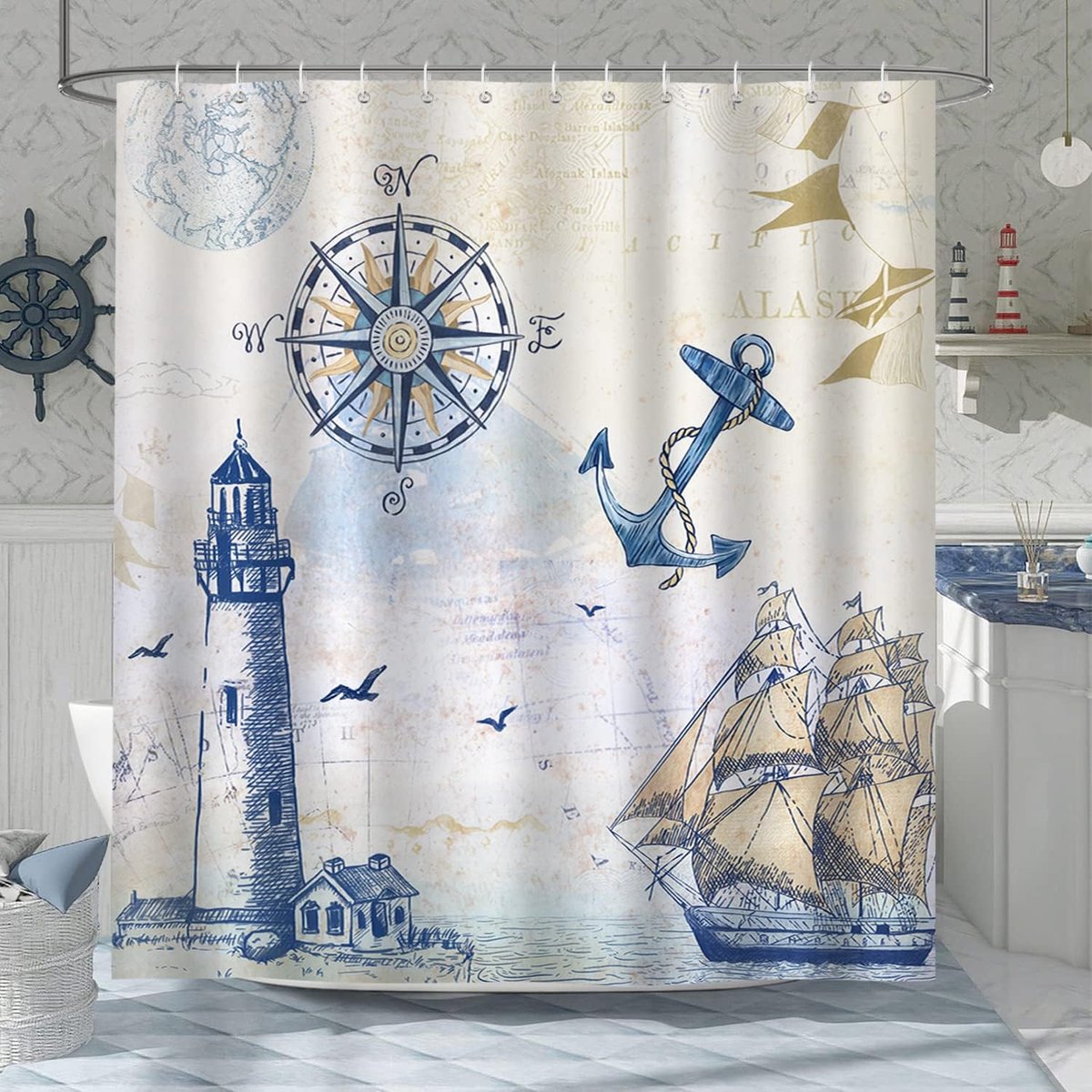 SnelShoppen - Nautical Shower Curtain 180x200 cm Waterdicht Polyester Mildew Proof met 12 Haakjes voor Badkamer, Sailboat, Lighthouse, Compass, Anker