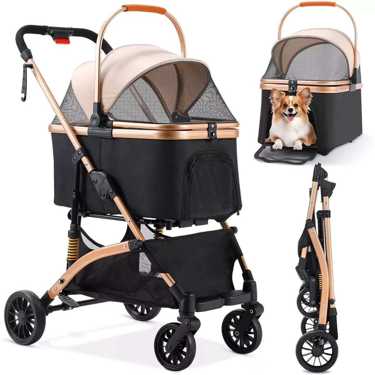 Stervia Hondenbuggy - Buggy Voor Huisdieren - Afneembare Transporttas - Opvouwbaar - Max 40 Kg - Met Riemen - Zwart/Rosegoud - 66 x 56 x 98 cm