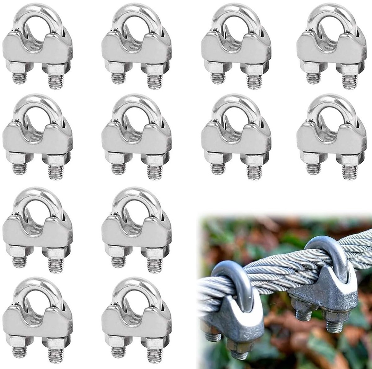 SnelShoppen - Pack van 12 Kabelclips 2 mm, RVS 304, M2 Beugel Kabelklemmen, Stalen Touw, Kabelverbinders voor Kledinglijn, Tent, Beveiligd