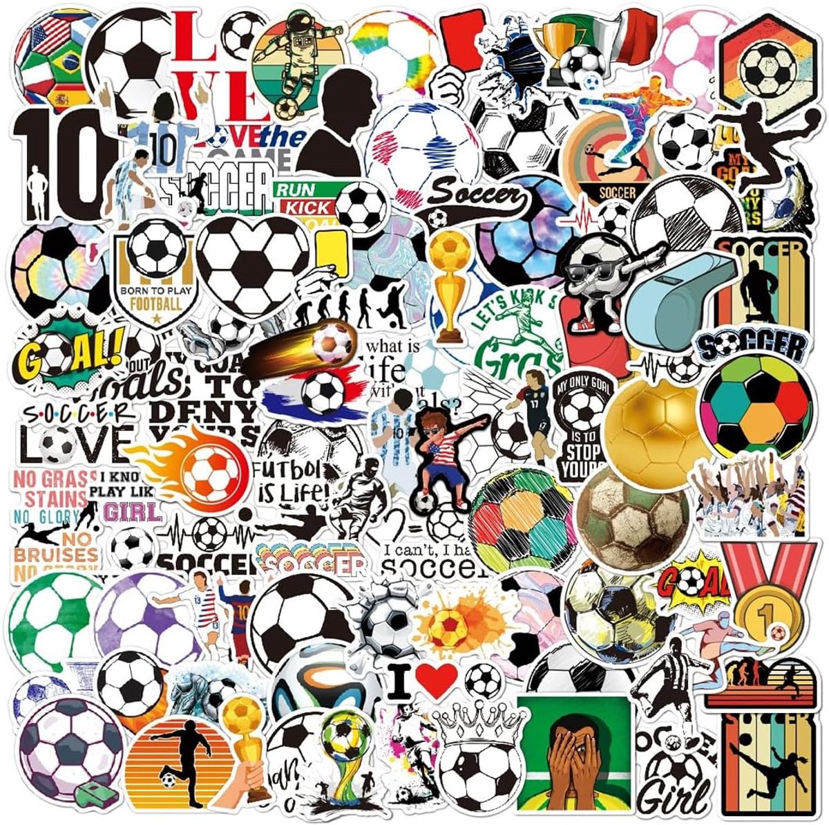 SnelShoppen - 100 Voetbalstickers, Waterdichte Vinylstickers voor Kinderen, Jongeren en Volwassenen, Perfect voor Bagage, Auto, Waterfles, Feesten en