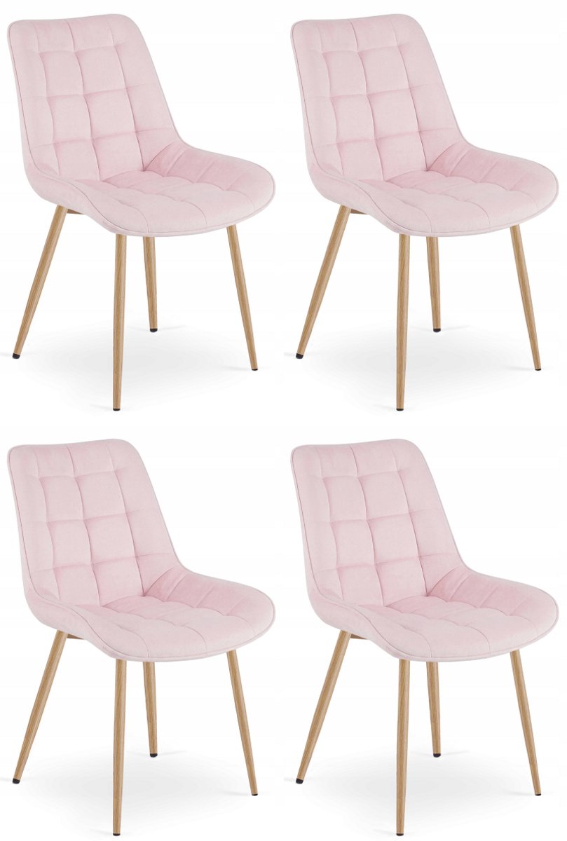 Set van 4 eetkamerstoelen BERA - Lichtroze fluweel - Metalen poten met eikenlook - Modern