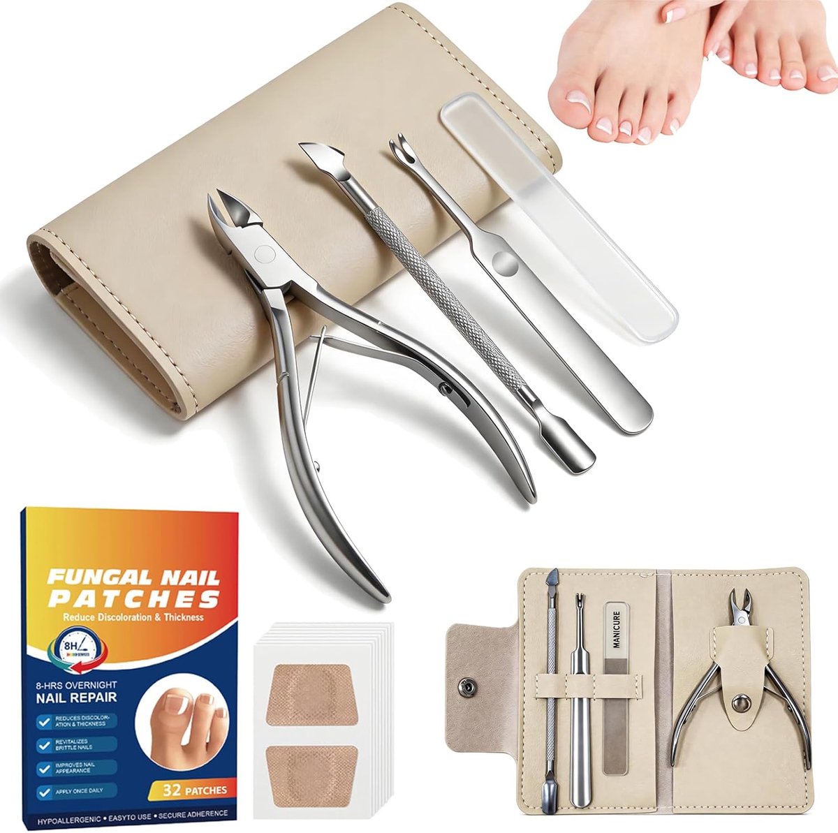SnelShoppen - Ingegroeide Teennagelset met 32 Teennagelcorrectiepatches, Roestvrij Staal, Voetverzorging, Nageltang, Gereedschapsset voor Ingegroeide