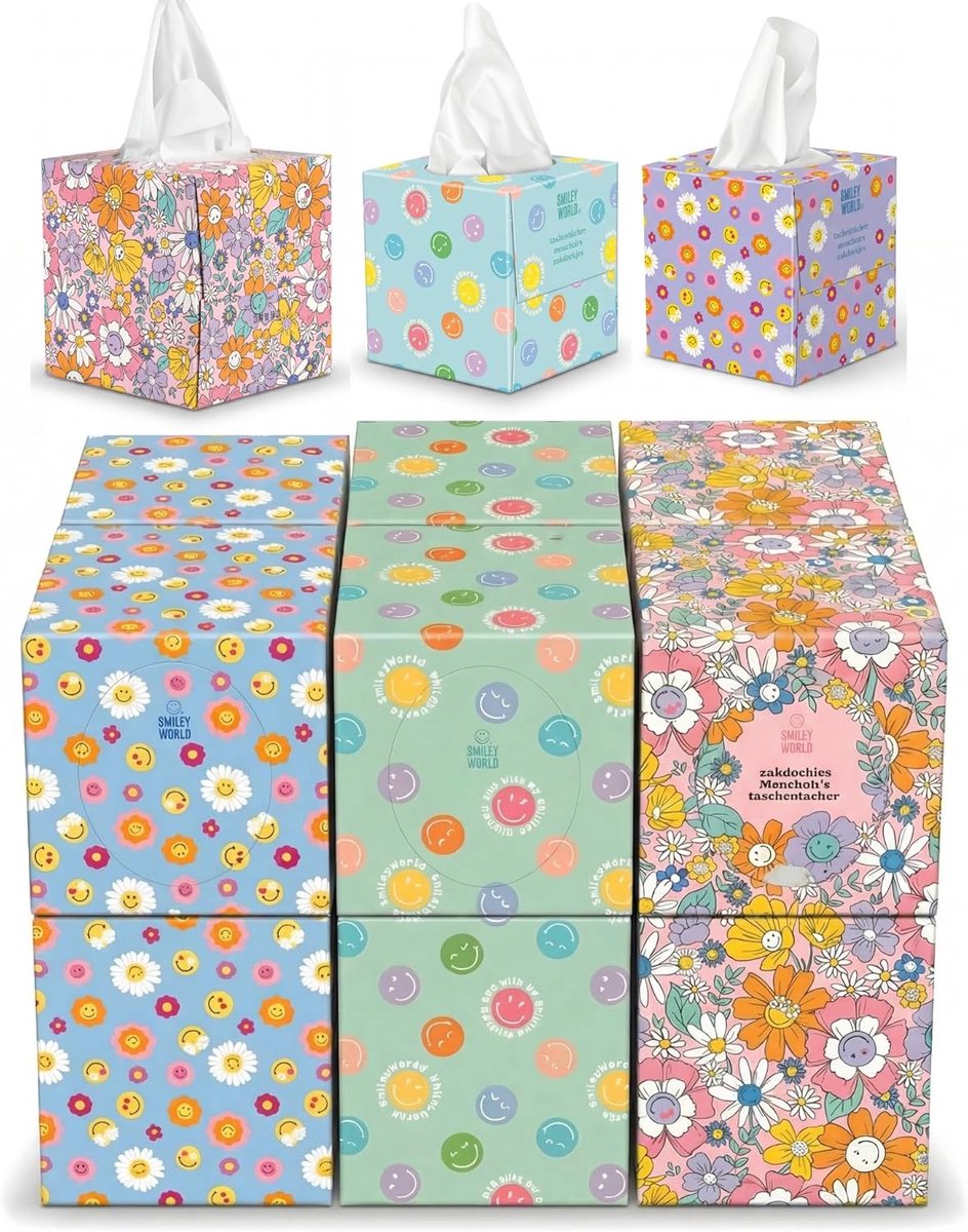 SnelShoppen - Ultra Zachte Papieren Zakdoeken 3-Lagig, 576 Vellen in 12 Cube Dozen, Perfect voor Thuis en Kantoor, Bloemdesign