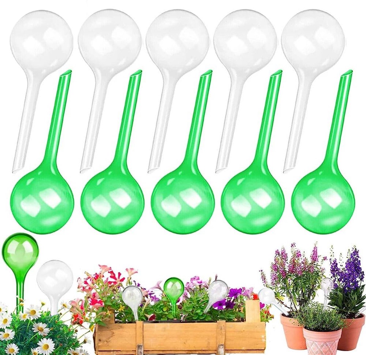 SnelShoppen - Pack van 10 Zelfwaterende Plantenbulbs - PVC Automatische Watering Drippers voor Binnen- en Buitentuinen - Groen & Transparant - Perfect