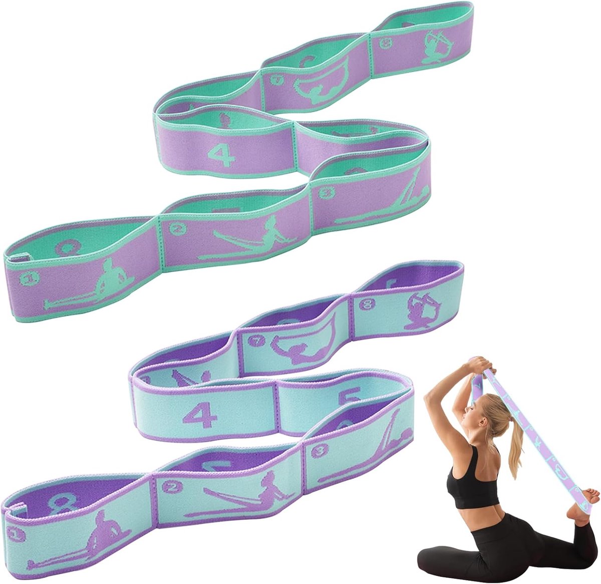 SnelShoppen - Pack van 2 Weerstandsbanden met 8 Lussen, Yoga Stretchband, Ideaal voor Yoga en Fitness, Elastische Gymnastiekband van Polyester en Late