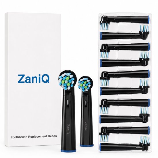 ZaniQ – Pro Black Serie – Opzetborstels 10 stuks– Zwart - NIET Geschikt voor IO -Compatibel met handvatten waarop Oral-B Cross Action opzetborstels passen- Brievenbusverpakking