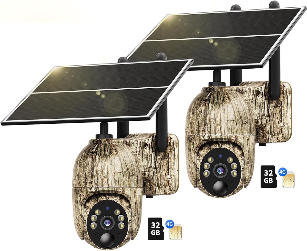 SnelShoppen - 4G LTE Wildcamera op Zonne-energie met Bewegingsmelder - 2 Stuks Accu Wildcamera met Simkaart en 32GB Kaart - 2K Bewakingscamera voor Bu
