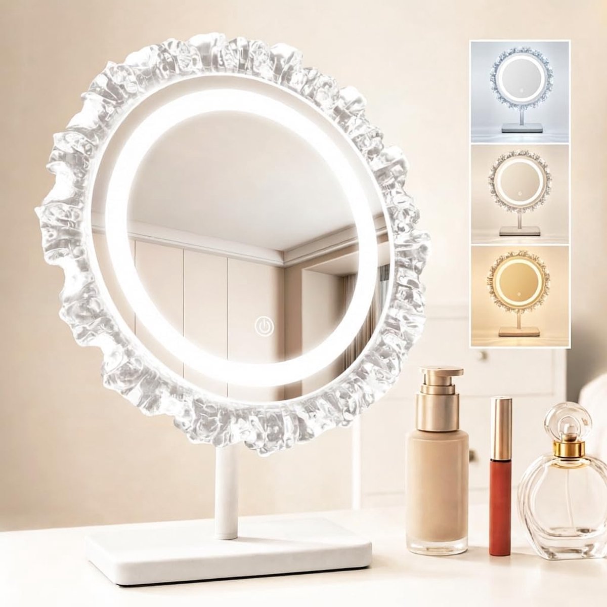 SnelShoppen - Make-upspiegel met Verlichting - Hollywood Spiegel Rond 30 cm - LED Make-up Spiegel - Kleine Tafelspiegel met Licht - 3 Kleurmodi - Touc