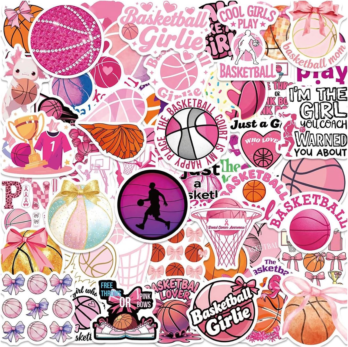 SnelShoppen - 100 Stuks Roze Waterdichte Vinyl Basketbal Stickers voor Drinkflessen en Laptops - Schattige Sport Cadeaus voor Vrouwelijke Atleten, Mei