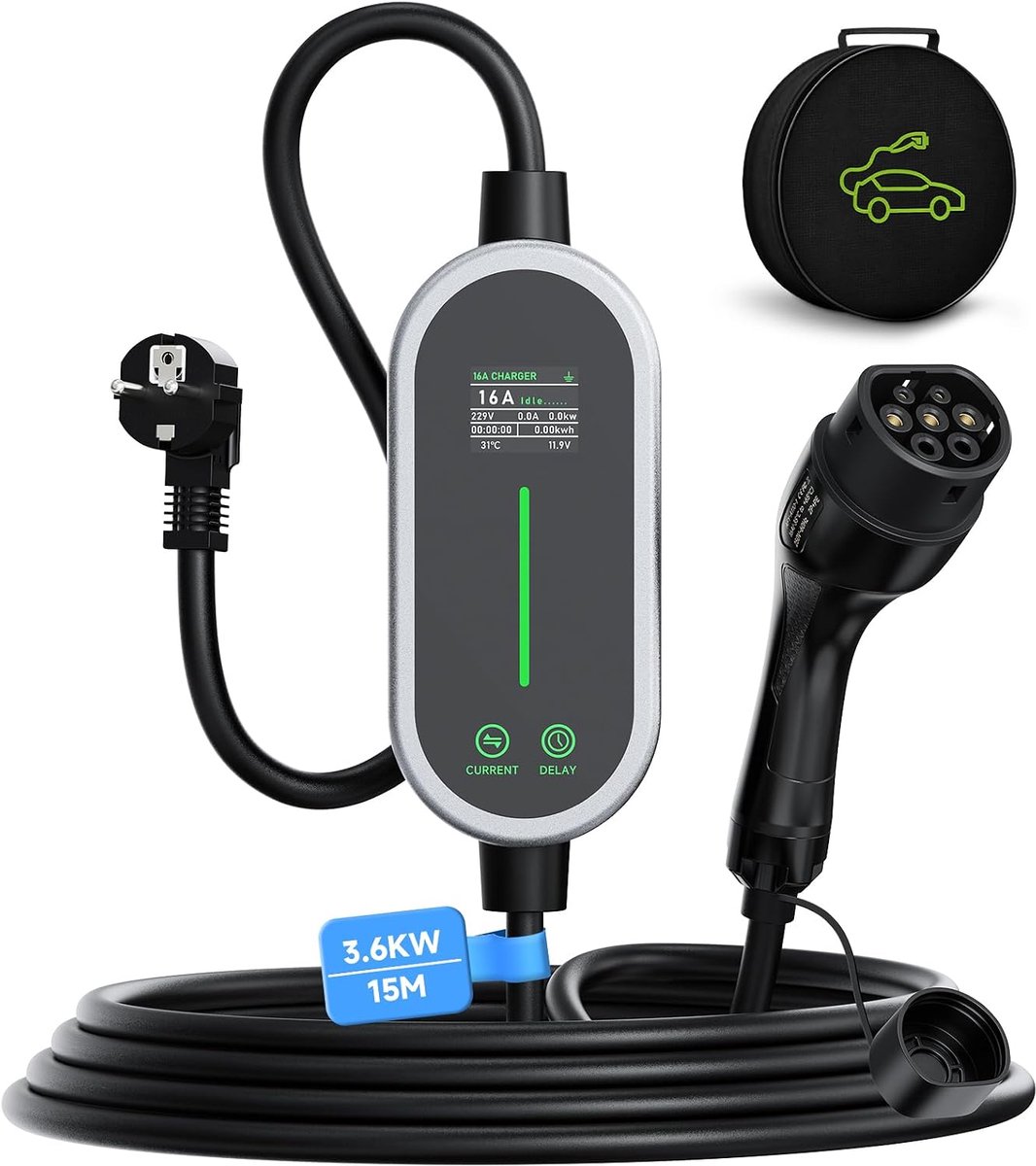 SnelShoppen - Type 2 Oplaadkabel 15M voor Elektrische Voertuigen - 3.6kW Mobiele Wallbox - Schuko Stekker - Draagbare EV Lader met Instelbare Stroom e