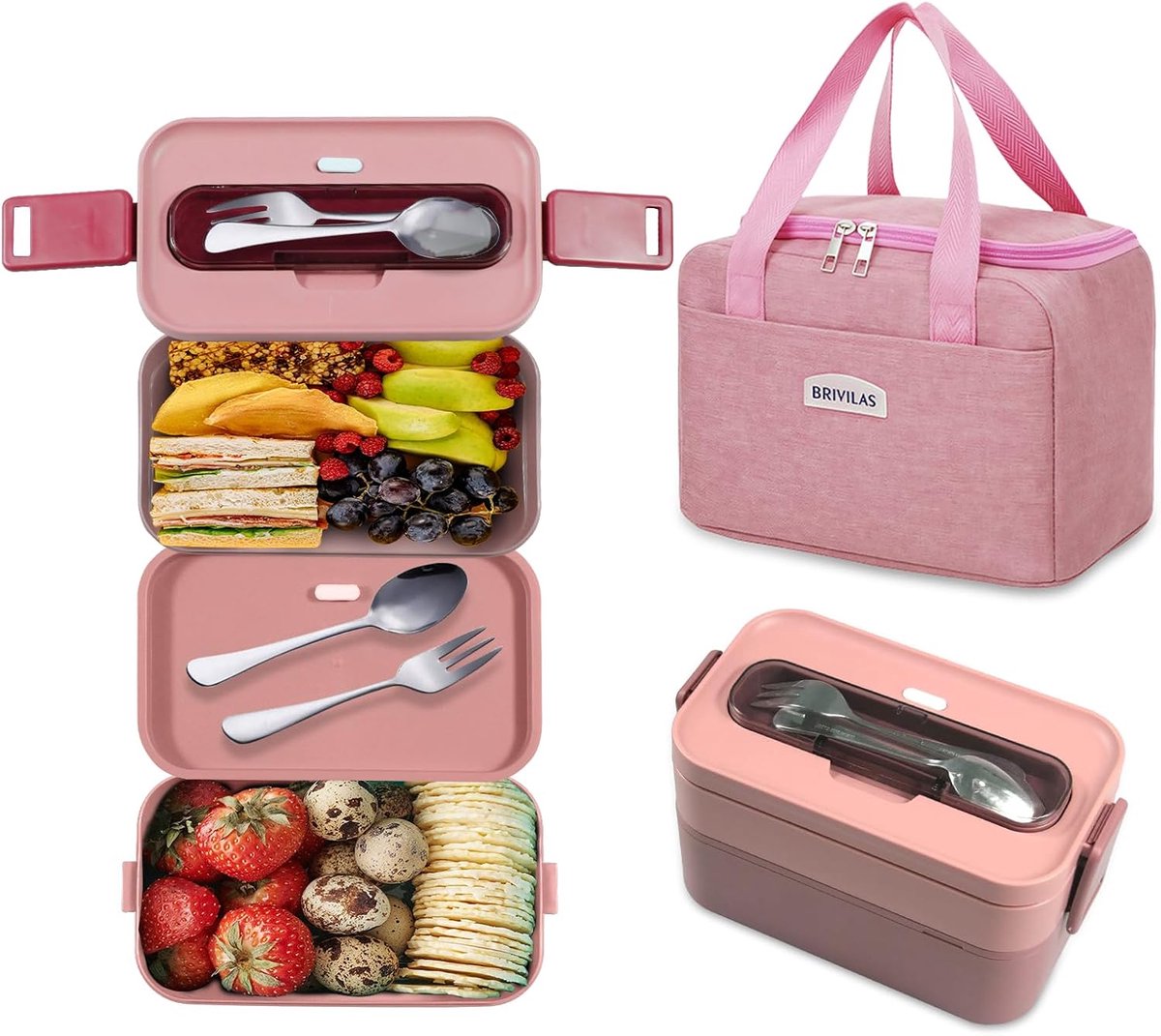 SnelShoppen - Bento Box Lunch Box Kit 1600ml - Polypropylene, 2 Lagen, Met Bestek, Magnetronbestendig, Voor School, Kantoor, Picknick, Volwassenen en