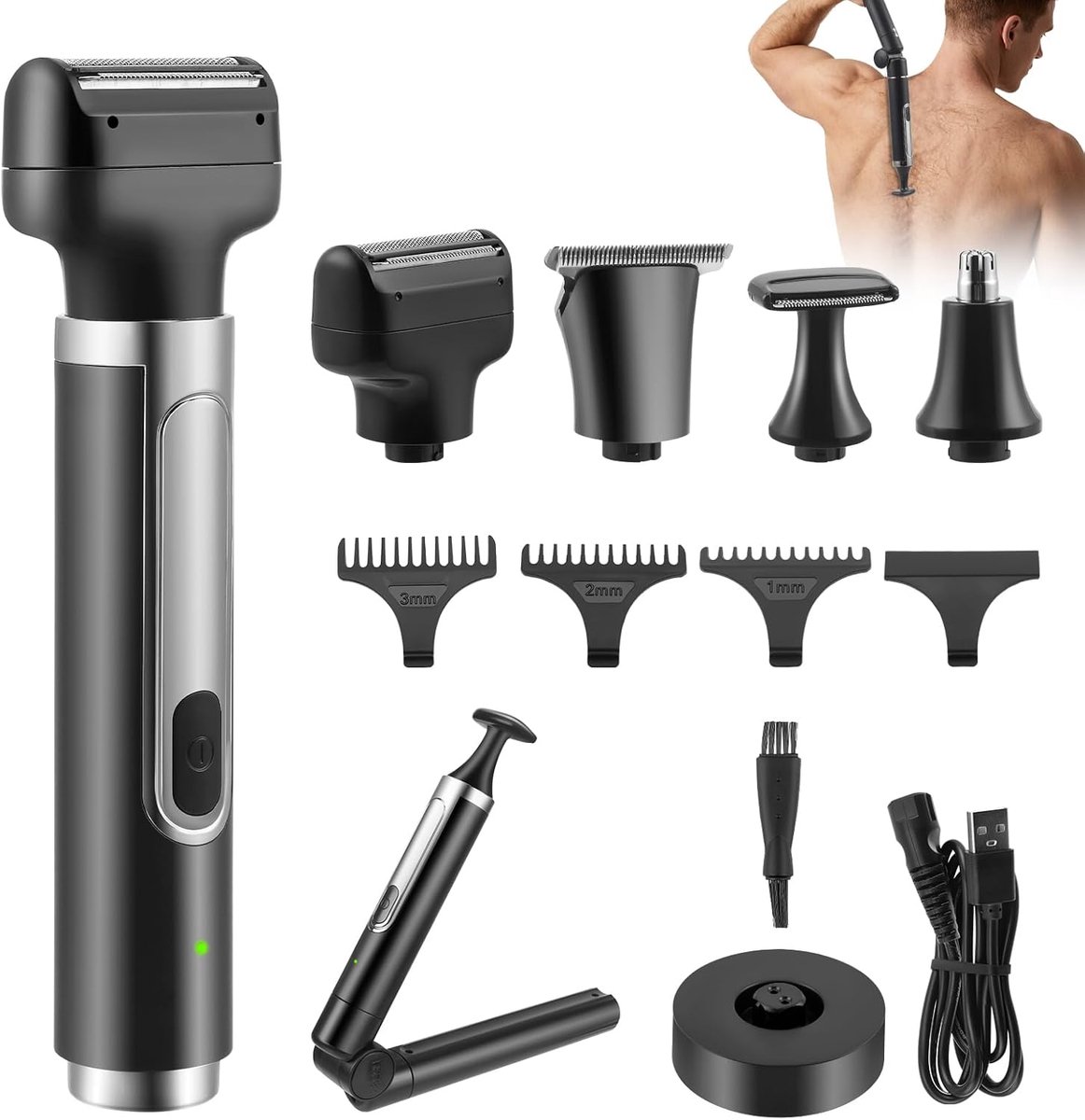 SnelShoppen - Elektrische Rugscheerapparaat voor Mannen - Draadloze Body Hair Trimmer met Vouwhandvat - 4-in-1 Scheerapparaat met Neushaar, Lichaamsha