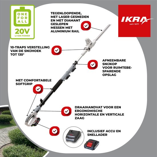 IKRA telescopische accu-heggenschaar ICPH 2040, inclusief 2 x 20V (2,0 Ah) accus, snellader en schouderriem van IKRA — afbeelding 2