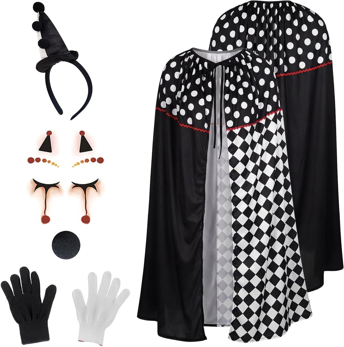 Vrouwelijk Clown Kostuum met Cape en Poncho, Harlequin Outfit voor Carnaval en Themaparty's, Zwart en Wit