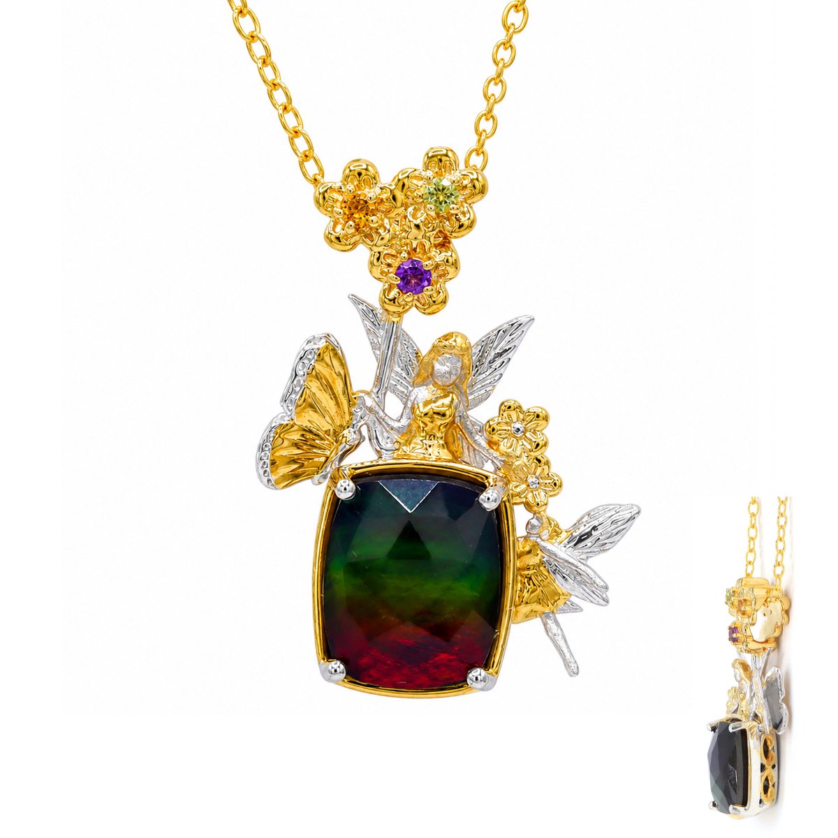 Cavill - Vergulde 925 Sterling Zilver Halsketting - 3,393 ct Ammoliet met Citrien, Peridoot & Amethist - Antieke Rozenvorm - Elegant