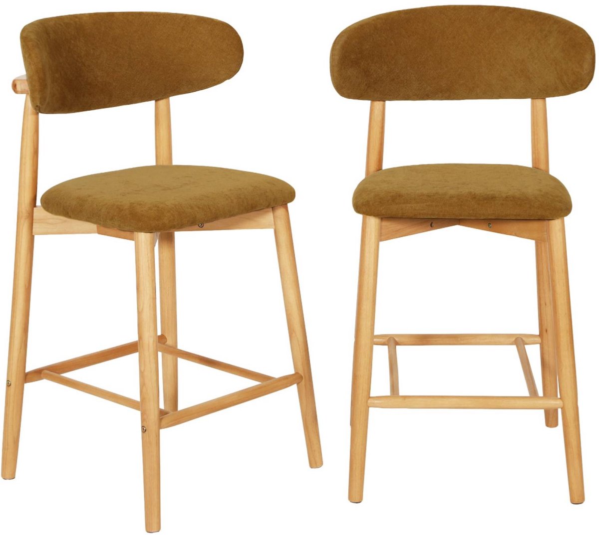sweeek - Set van 2 barkrukken van naturelkleurig rubberhout en chenille stof - paola