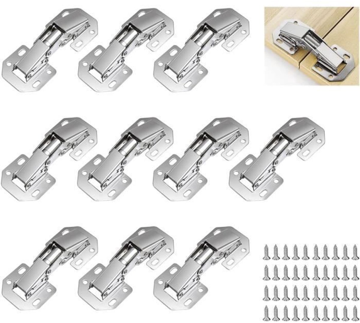 Set van 10 scharnieren Geschikt voor kastdeuren - 90-graden roestvrijstalen scharnieren met 80 schroeven - 77 mm x 32 mm - Zilver