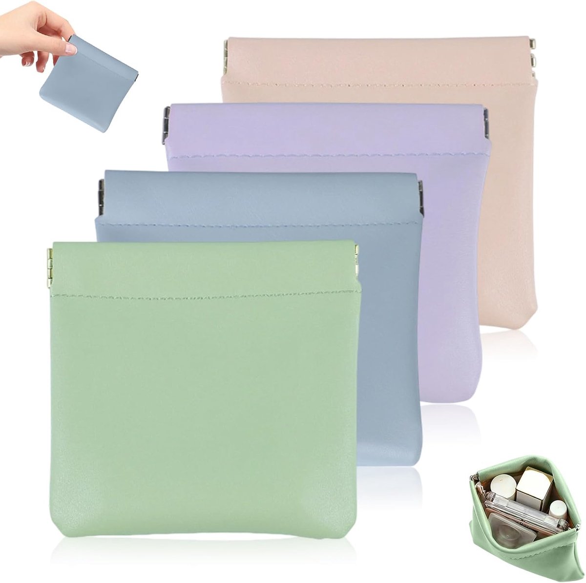 4-delige set - Gepersonaliseerde leren opbergtas met drukknoopsluiting - Draagbaar opbergzakje - Make-uptasje - Draagbaar zelfsluitend mini-make-uptasje - Mini-reisportemonnee voor dames - Roze/Blauw/Groen/Paars - 12*12 cm