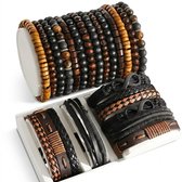 Zwart Bruin Heren Armbandenset Schakel Armband Kralen Armband Gevlochten Armband Stapelbaar Ontwerp met Houten Kralen Imitatieleer Metaal Details Verstelbare Armbanden Set 24 Delig