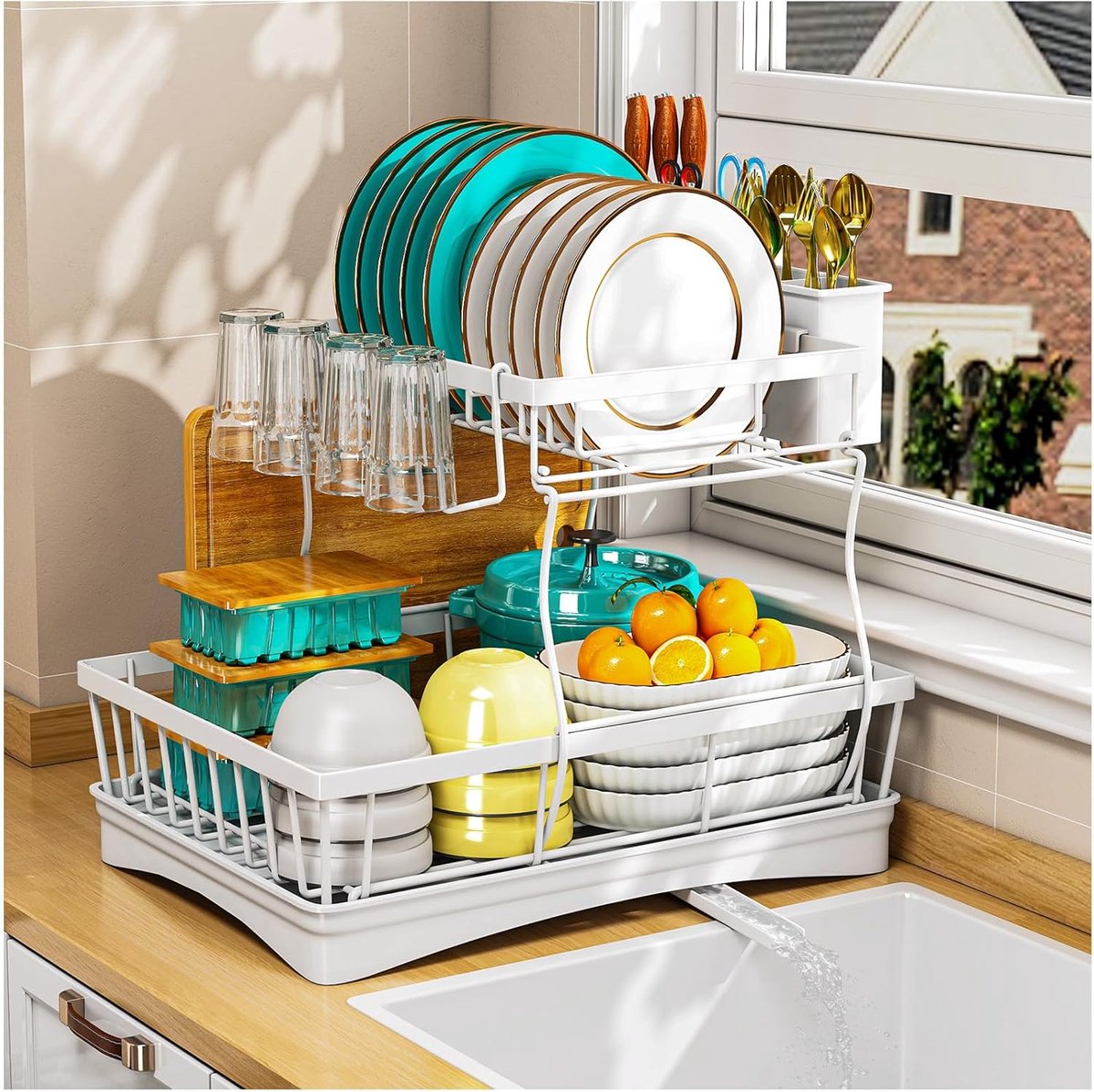 SnelShoppen - 2-Tier Keuken Drainer met Druipplaat, Keukenaccessoires voor Bestek en Snijplank, 360° draaibare afvoerspuit, Makkelijk te installeren,