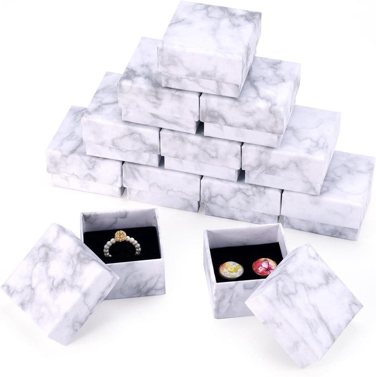 SnelShoppen - 24 Stuks Witte Marmeren Kartonnen Sieraden Dozen - Cadeau Dozen voor Armbanden, Hangers en Sieraden - 5x5x3.2cm - Duurzaam, Schokbestend