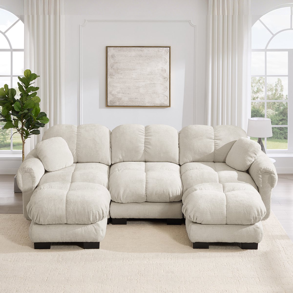 Intebiki bank - L-vormige hoekbank - 3 zits bank - fauteuil - bankstel - inclusief twee verplaatsbare poef - chenille stof - 260x149x93 cm - licht kaki