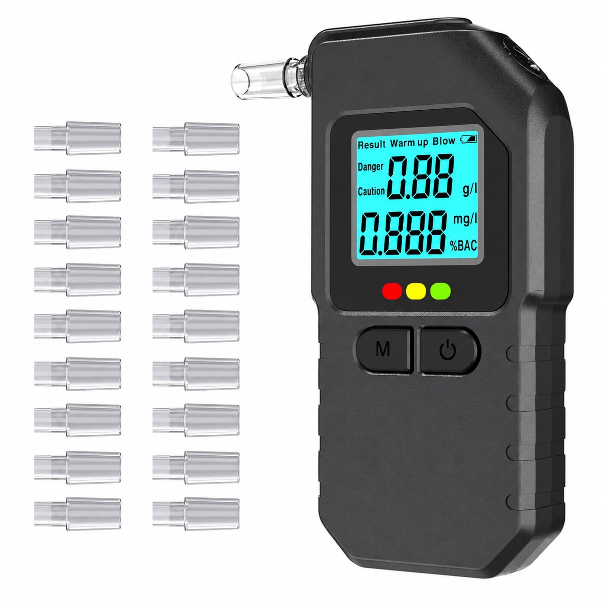 Digitale Alcoholtester met LCD Scherm - Nauwkeurige Alcoholmeter en Blaastest voor Auto en Thuis - Draagbare Breathalyzer Inclusief 20 Mondstukken - Professionele Sensor voor Persoonlijke Controle-Zwart