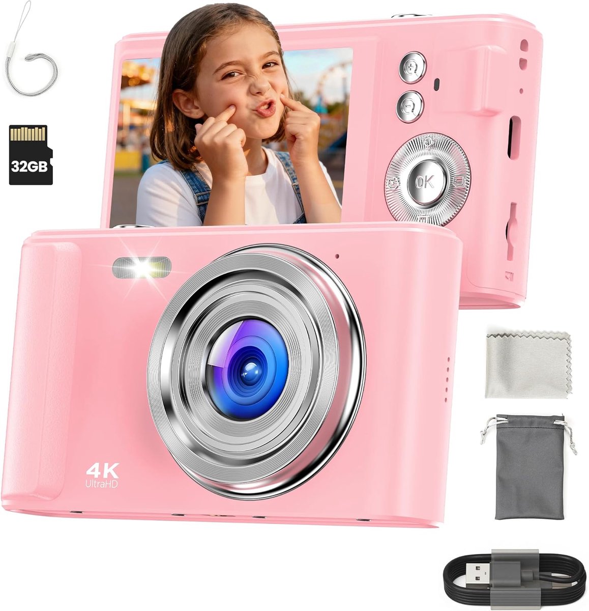 SnelShoppen - Digitale Camera 4K 48MP met 16x Zoom voor Kinderen, Autofocus Mini Camera in Stijlvol Roze met 32GB Kaart en 1000mAh Batterij