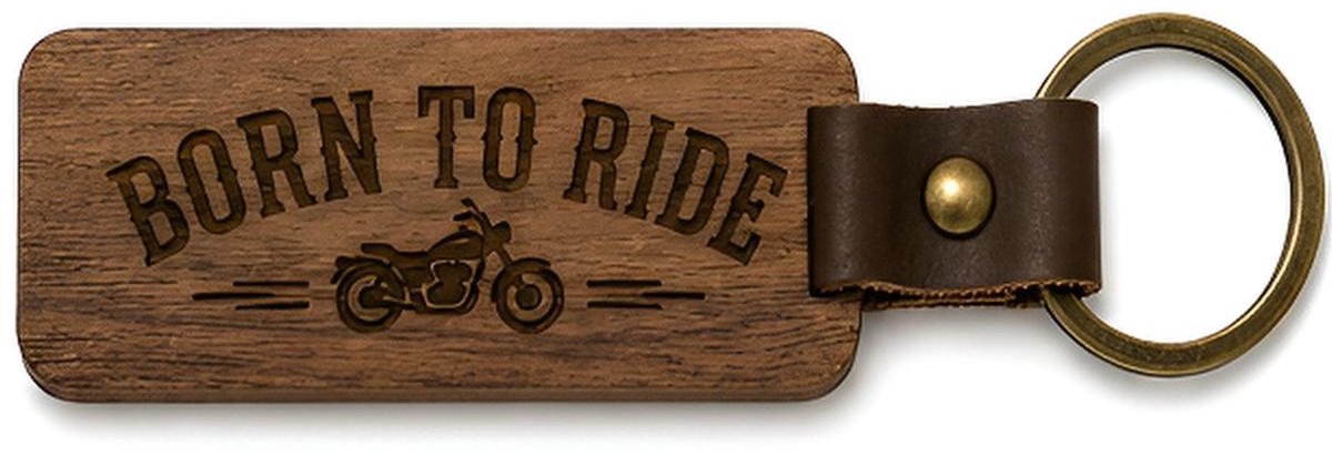 Houten Sleutelhanger Motor "Born to Ride" - Met Gravure - Hout & PU Leer - Cadeau voor Man / Motorrijder