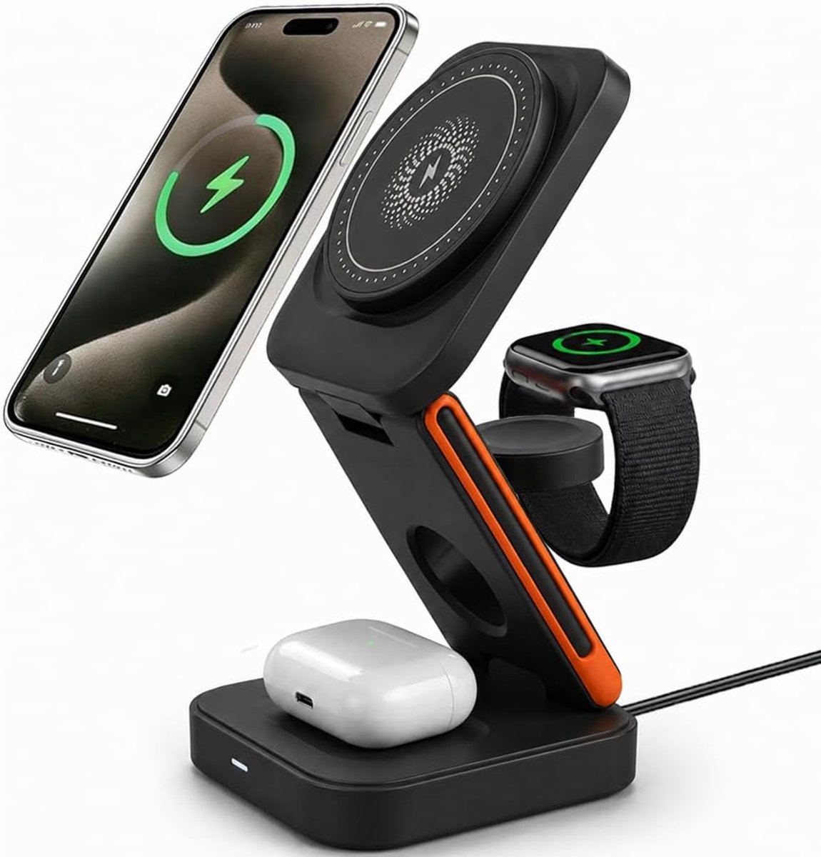 Thijox - Snelle Draadloze Oplader 15W, 3-in-1 Opvouwbaar Oplaadstation, USB-C Magnetisch, Compatibel met iPhone 17/16/15/14/13/12/Max/Plus, Apple Watc