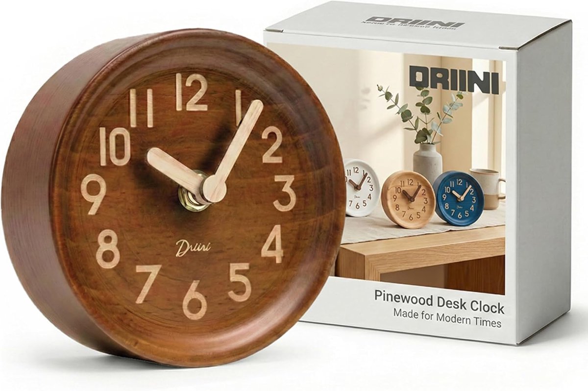 SnelShoppen - Driini Houten Analoge Bureauklok 11 cm - Decoratieve Dennehout Klok zonder Tikken - Stil en Goed Leesbaar Mantelklok met Houten Behuizin