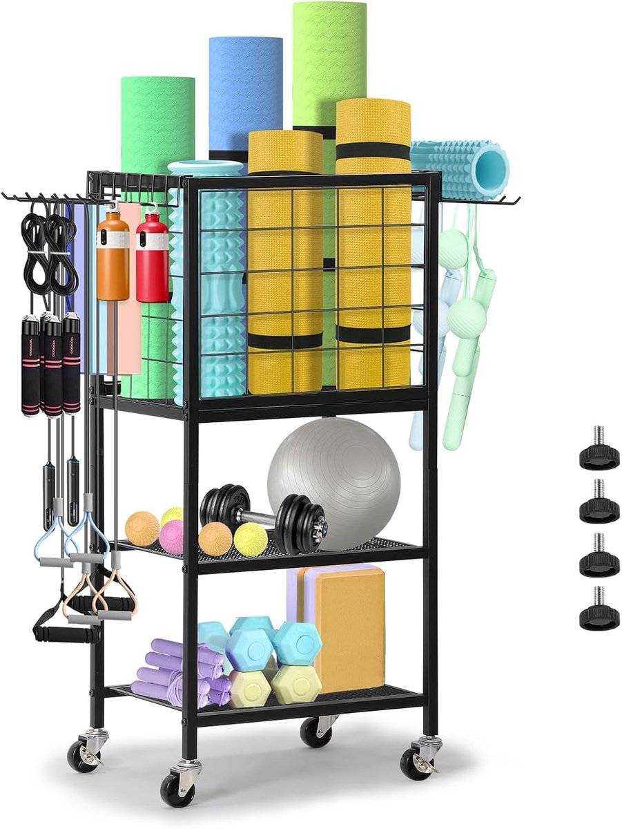 SnelShoppen - Halter, Yoga Mat Storage Rack, Dumbbell Kettlebell Organizer met Wielen en Haken - Thuis Gym Opslag - Zwart