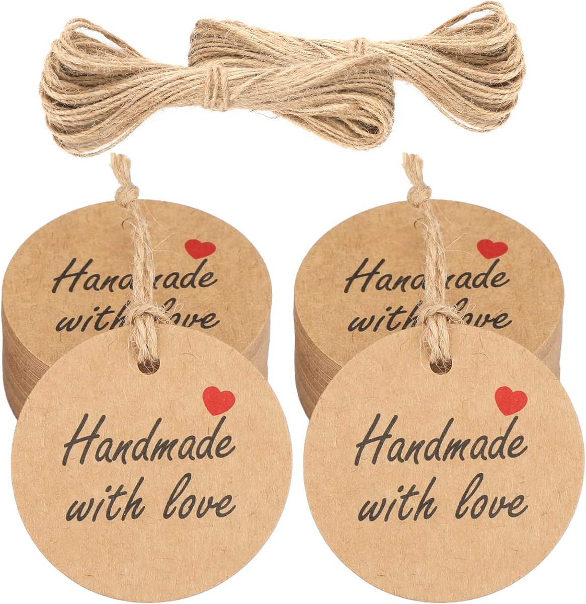 SnelShoppen - Gift Pendant Kraft Paper Labels Rond 5 cm - 100 Stuks Bruin met Jute Touw - Handgemaakt met Liefde voor Kerstcadeaus, Feestjes en DIY Pr