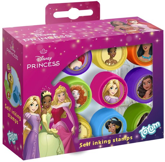 Doos met 12 zelfinktende Disney Prinses stempels, met prinsessen op de doos.