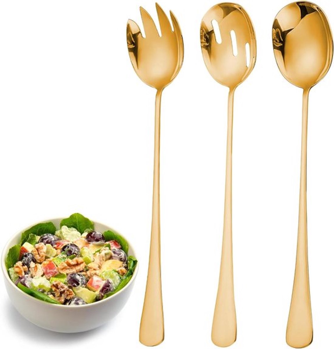 Saladebestek van Roestvrij Staal voor Restaurant en Buffet Gebruik - Salade Lepel en Vork Set - 3-delige Set (Goud)