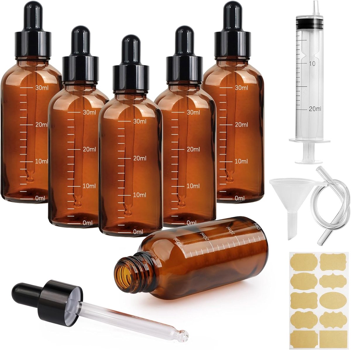 SnelShoppen - Pipette Flesjes Set van 6 - 30 ml Bruin Glas met Druppelaar en Kom - Herbruikbare Fles met Trechter en Labels voor Essentiële Olie en Pa