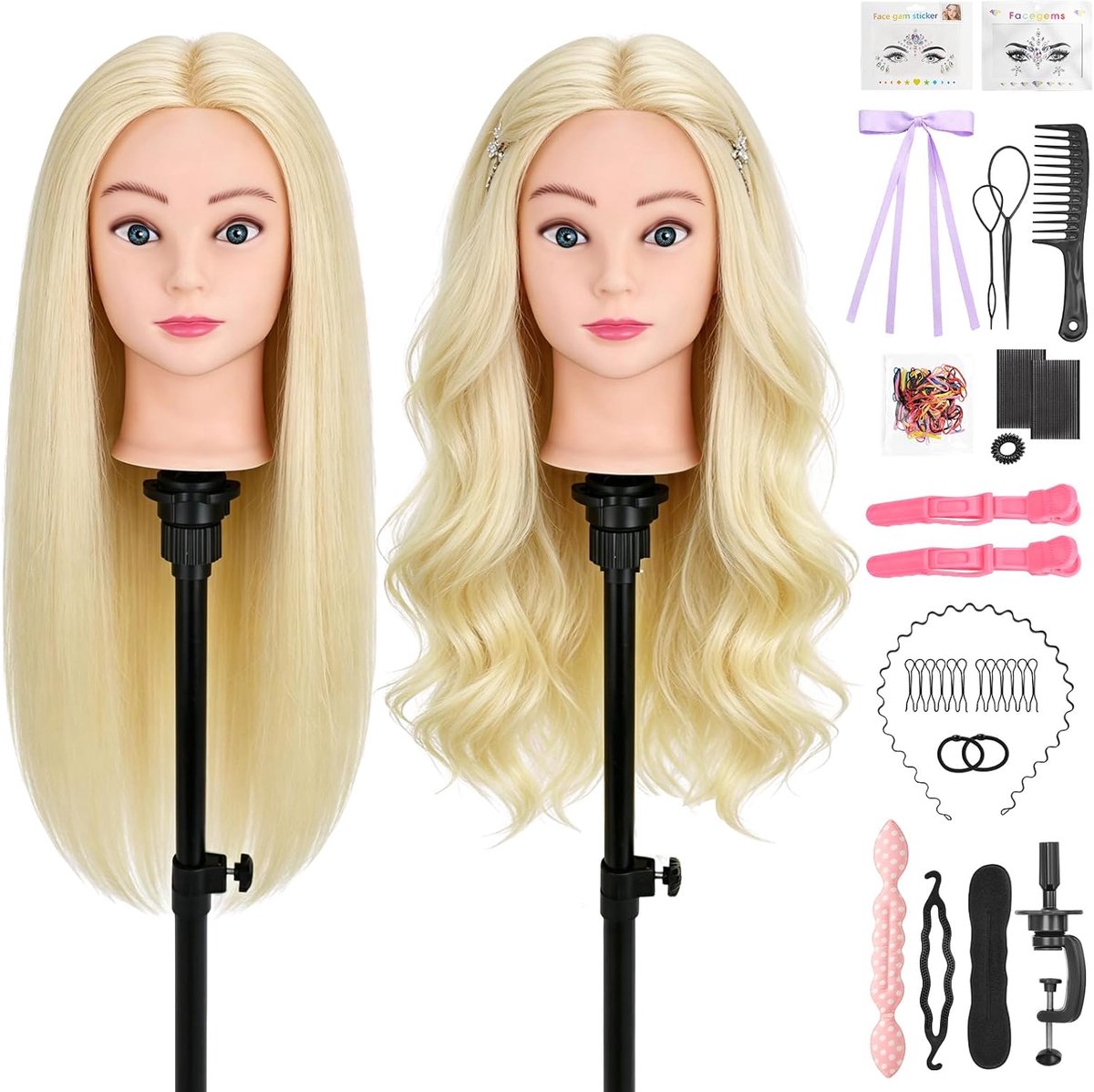 SnelShoppen - Training Head, Haarstyling Hoofd, 90% Echte Haar, 24 Inch, Perfect voor Vlechten, Stylen, Oefenen, Cosmetica, Kapsalon, Tafel Klem