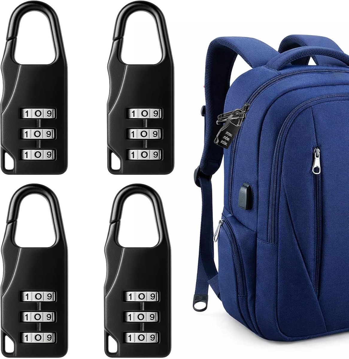 SnelShoppen - 4 Pack Kofferslot - 3-Cijferige Combinatieslot - Mini Hangslot voor Koffer, Rugzak, Luggage - Zwart - Ideaal voor Reizen, School, Gym