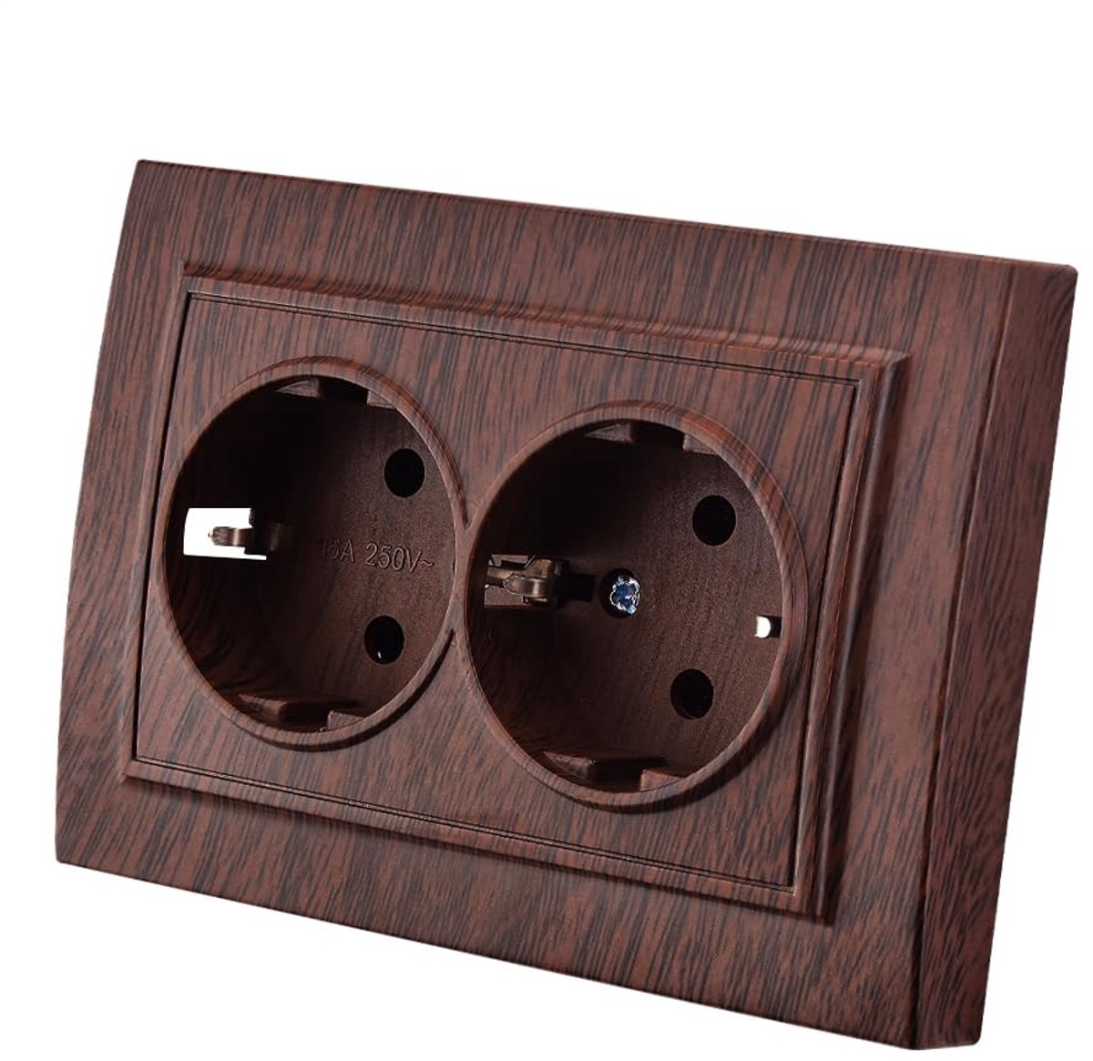 SnelShoppen - Wandcontactdoos, inbouw, set van 2, 250 V AC 16 A, dubbele wandsocket, donker eikenhout, binnengebruik, elegant design, ideaal voor woon