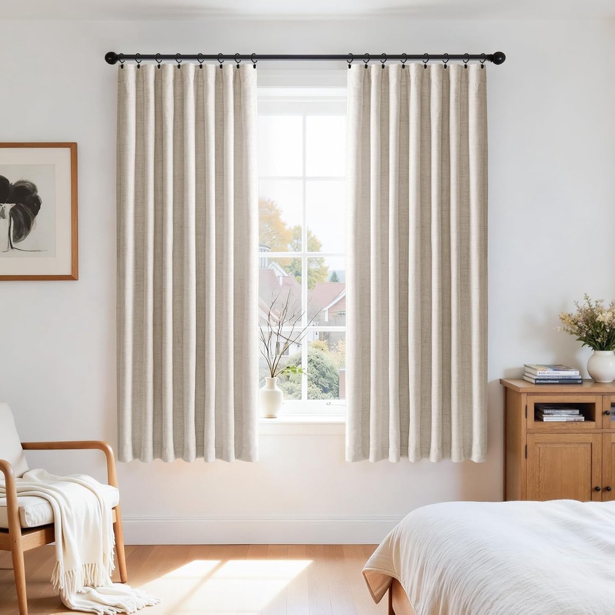 SnelShoppen - Blackout Gordijnen Set van 2 H175×W140cm Opaque Curtains met Clipringen voor Slaapkamer en Woonkamer, Crème, Lichtdicht en Elegante Linn