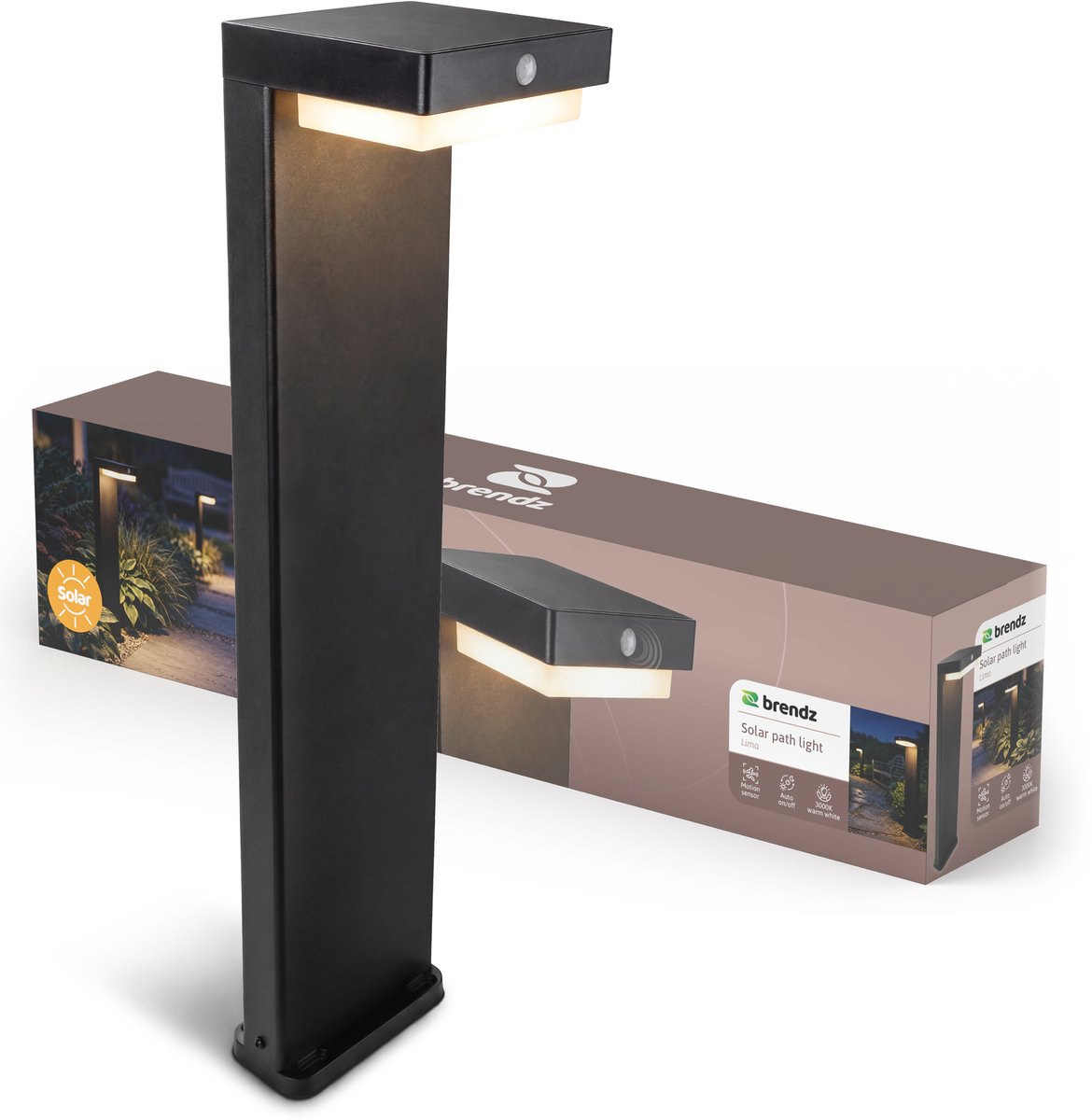 Brendz Solar Padverlichting, USB-C, Bewegingssensor, IP44, 2 Lichtmodi, 3000K Warm wit, Tuinverlichting Op Zonneenergie, Padverlichting Op Zonne Energie, Lima