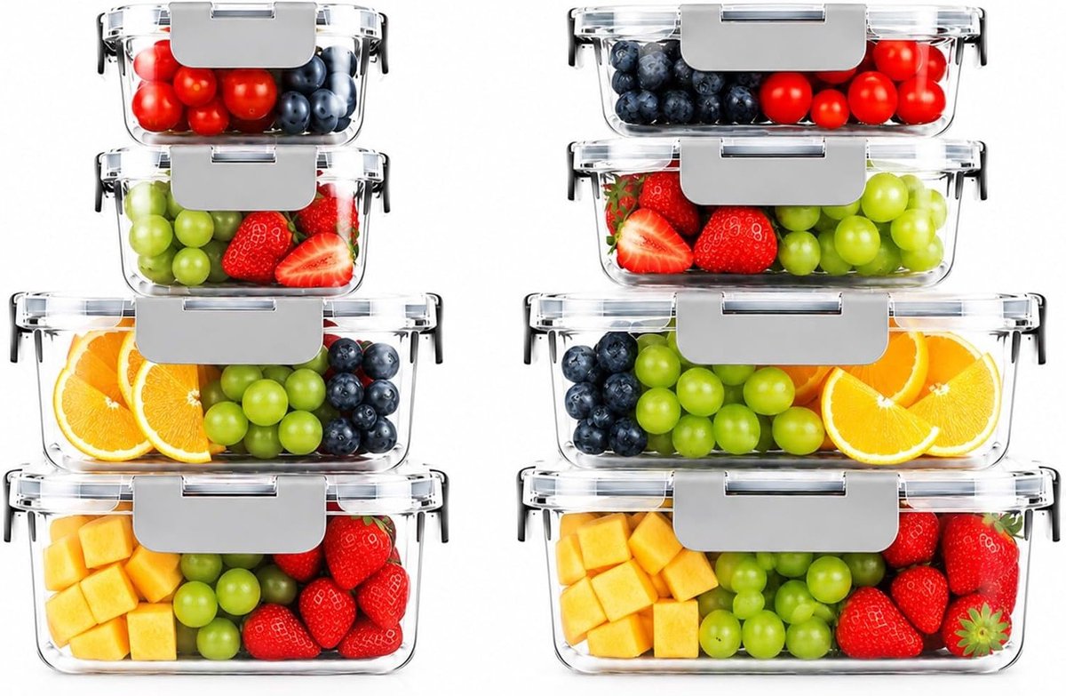 8-delige luchtdichte glazen voedselopslagcontainers voor meal prep, BPA-vrij en magnetronbestendig