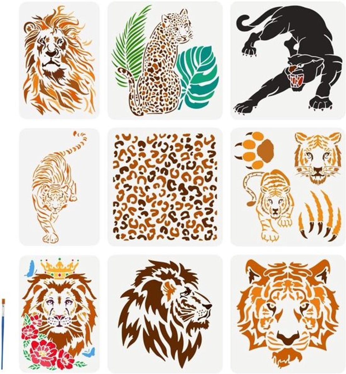 Set van 9 schilderssjablonen met leeuw en tijger - diverse maten - dierenprint thema - ideaal voor schilderen van bladeren, bloemen en pootafdrukken