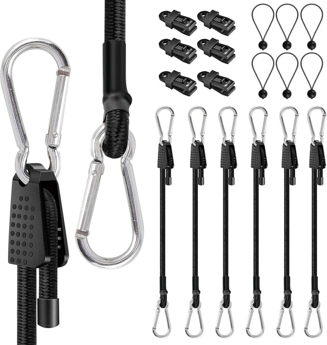 SnelShoppen - Set van 18 Elastische Touwen met Haakjes - 100 cm Verstelbaar Elastisch Koord met Bevestigingsclip en 15 cm Elastisch Touw - Ideaal voor