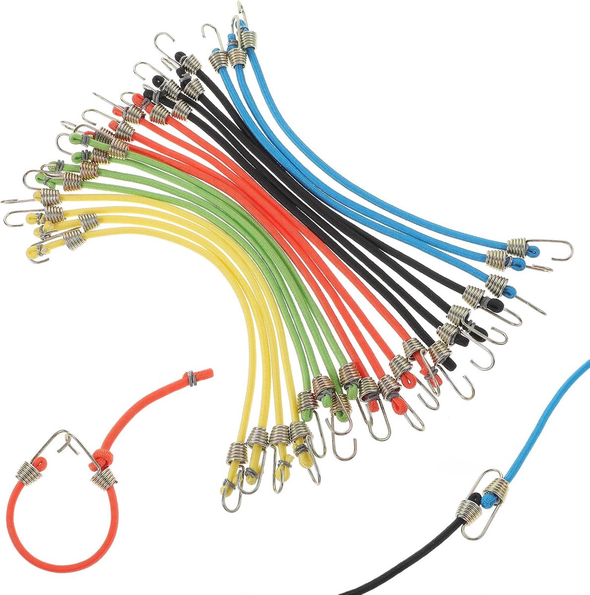 SnelShoppen - Expander met Haak Set - 20 Stuks Mini Rubber Spanbanden, Verstelbare Korte Tension Cord voor Bagage, Dakdrager, Buitenactiviteiten, Fiet