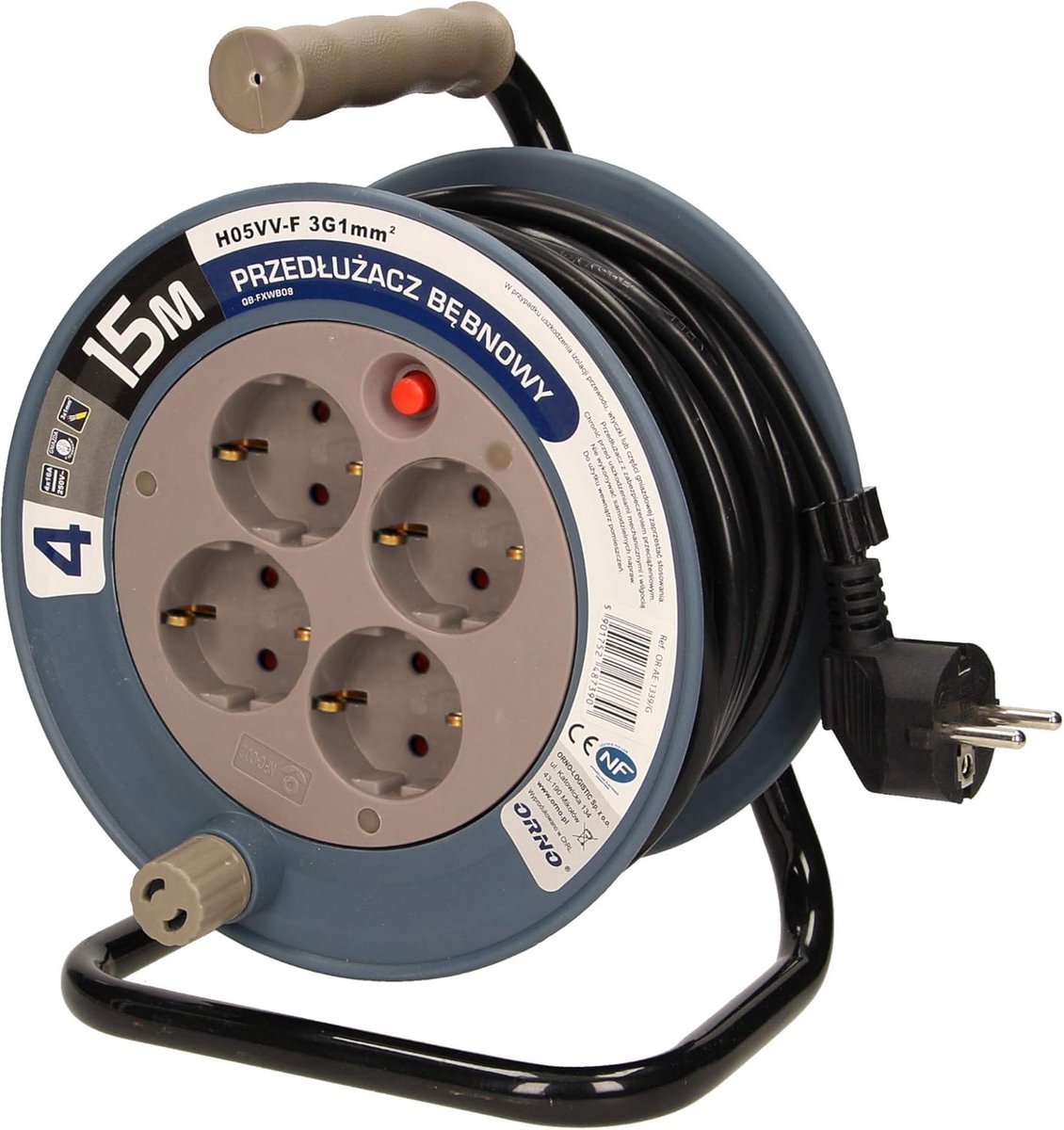 SnelShoppen - Mini Kabelhaspel 15m met 4 Stopcontacten, Stalen Basis, Thermische Beveiliging, 2300W, 10A, 230V, Ideaal voor Binnen en Buiten, Grijs