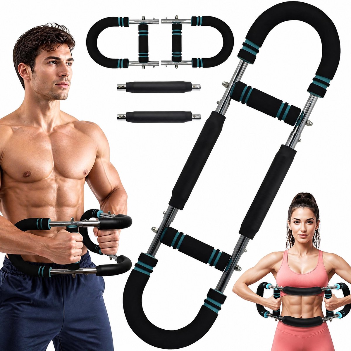U-vormige Armtrainer 30-40-50 kg - Verstelbare Arm- en Borsttrainer met 3 Weerstandsniveaus - Multifunctionele Krachttrainer voor Armen, Borst, Schouders, Rug en Benen - Blauw Zwart