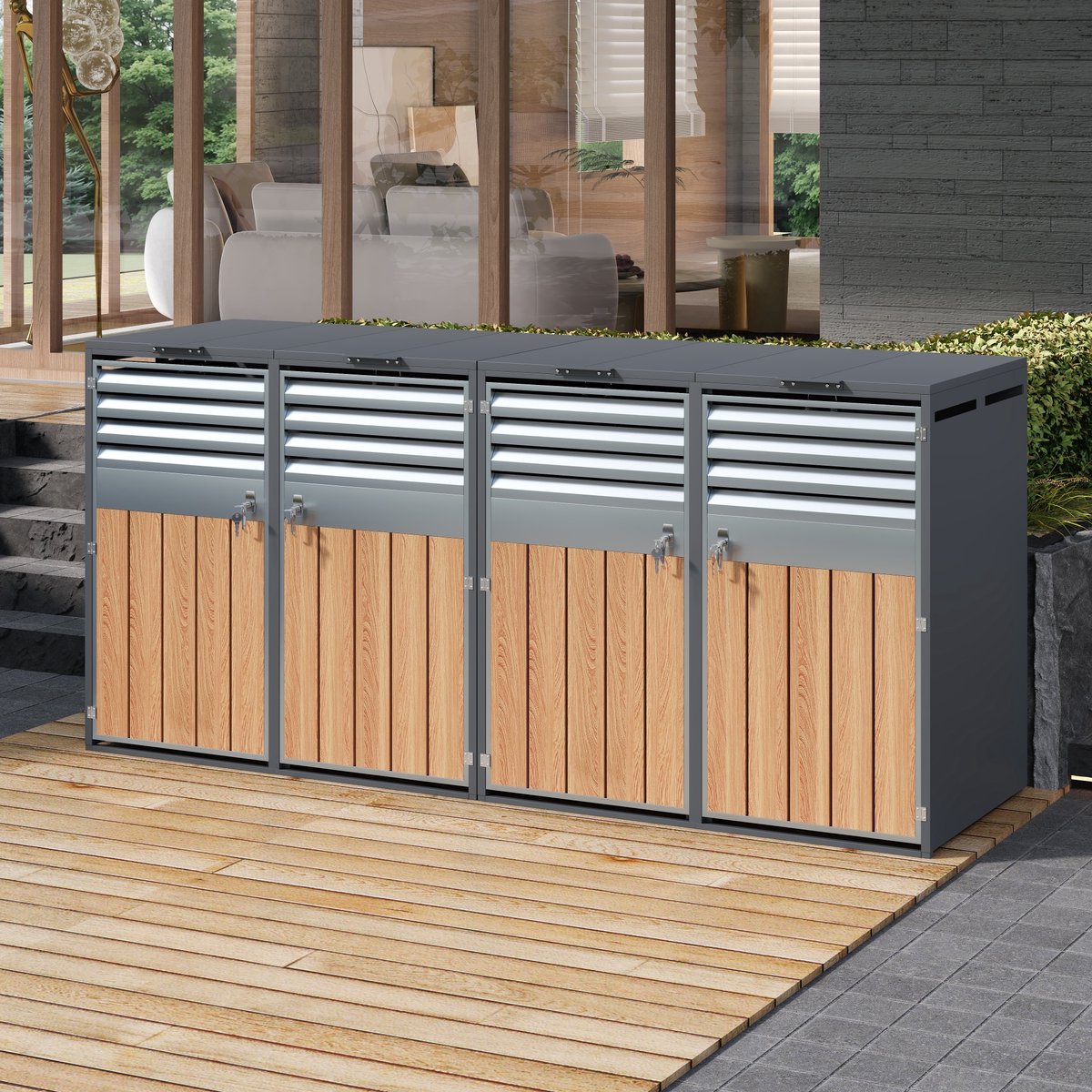 FloraGrace Containerberging – 4 Vakken – 264 x 80 x 118,5 cm – Metaal in Grijs en Houtlook – Afsluitbaar Met Klapdeksels voor Buiten