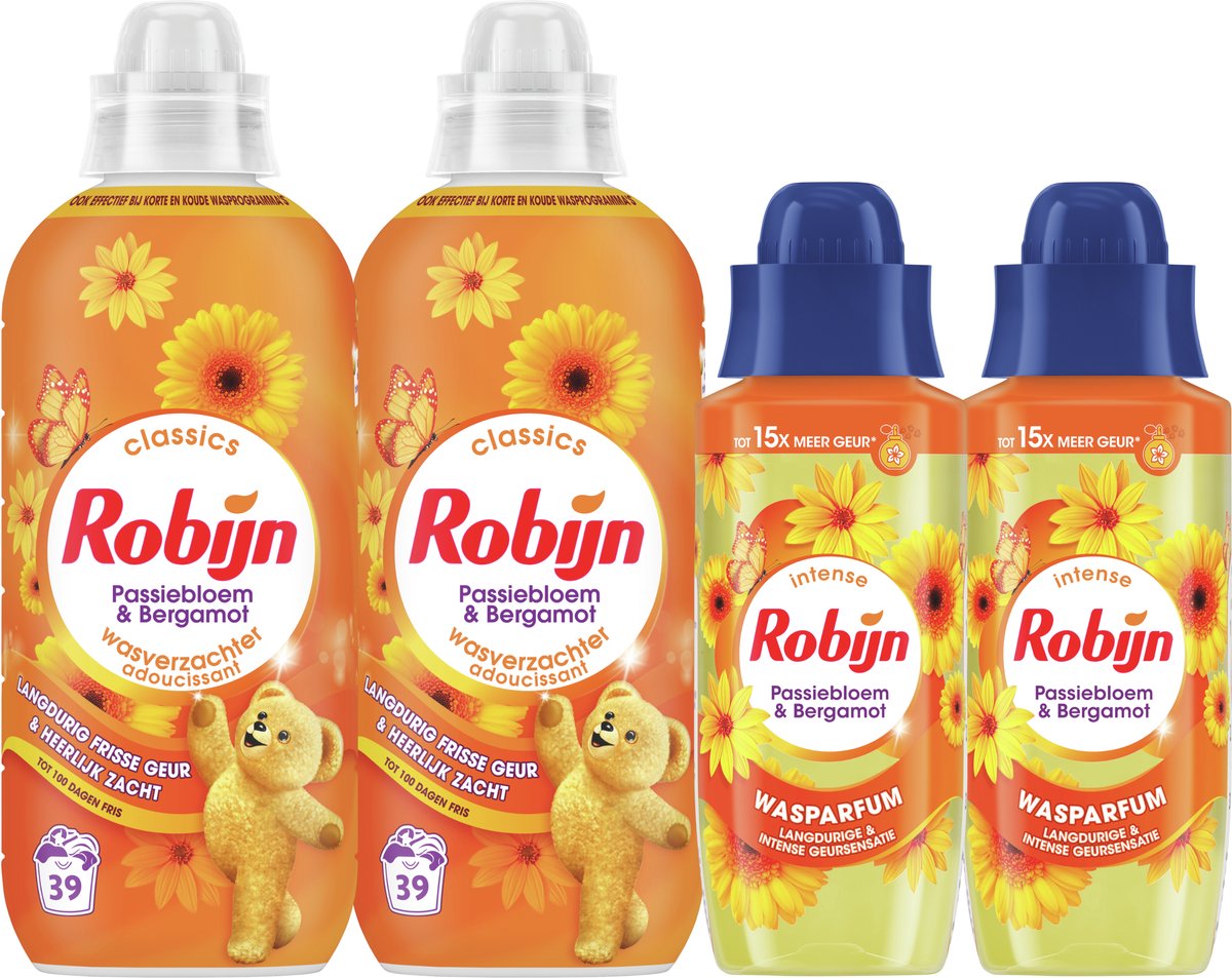 Robijn Perfecte Match Wasverzachter en Wasparfum Pakket - Passiebloem & Bergamot - 4 stuks - 2 x 39 wasbeurten + 2 x 342ml - Voordeelverpakking